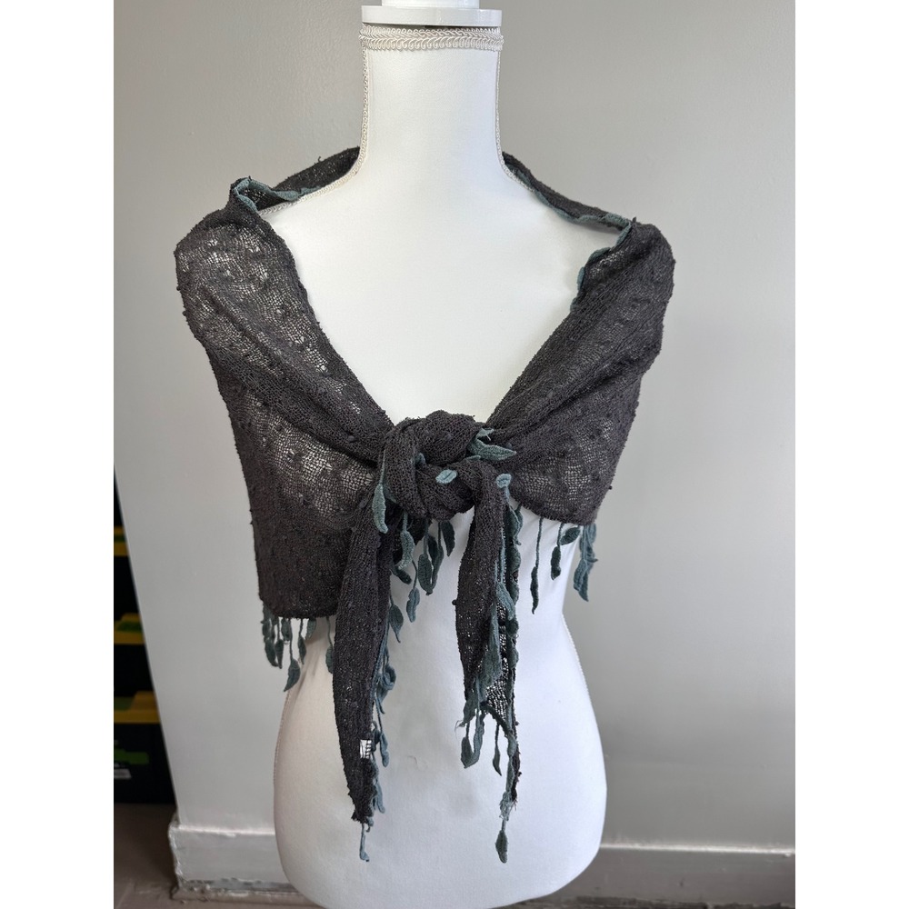 Gray Knit Triangle Shawl Scarf with Green Leaf Fringe Trim Boho Wrap